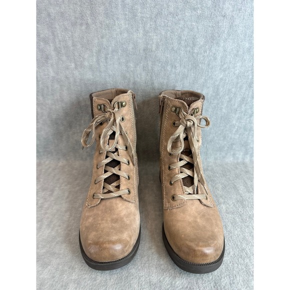 Earth Origins Shoes - Earth Origins Womens 8M Tan Leather Lace Up Side Zip Combat‎ Ankle Boots